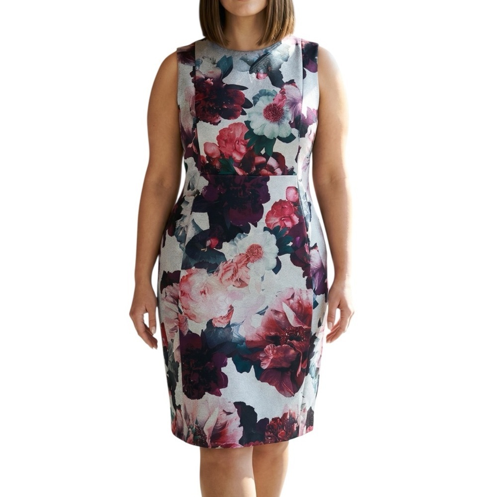 Calvin Klein 14 Abstract Bold Floral Sleeveless Sheath Dress Back Zip